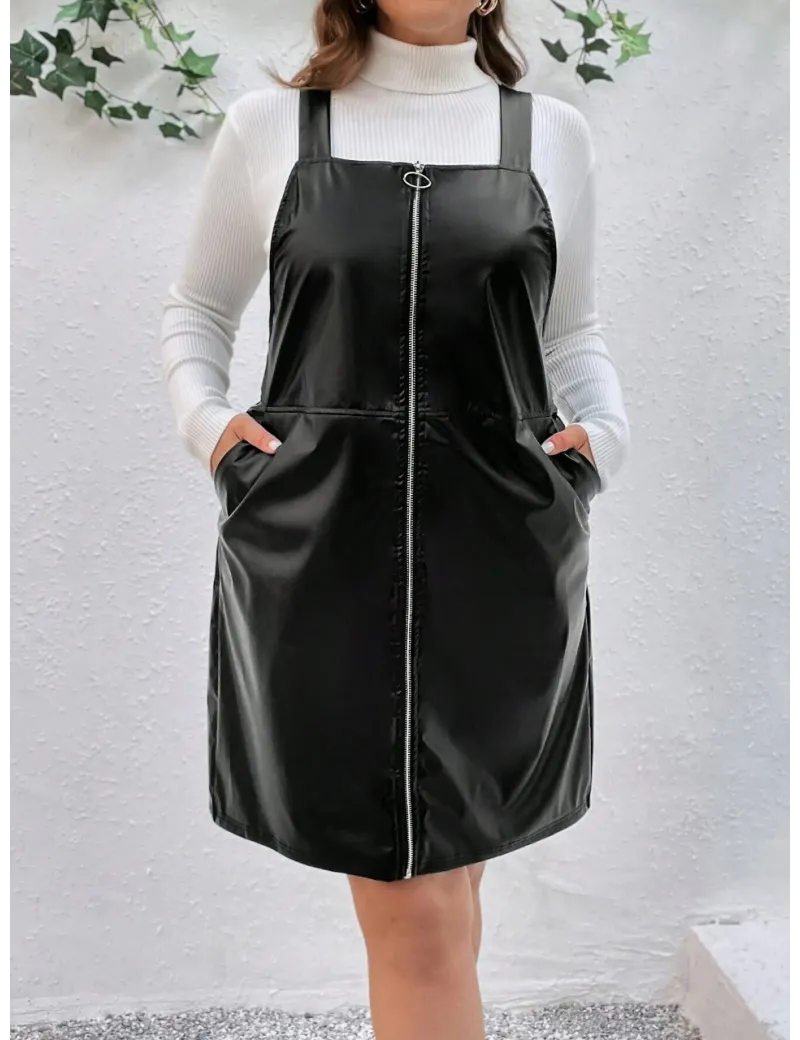 Rochie mini cu fermoar, buzunare si bretele groase, negru