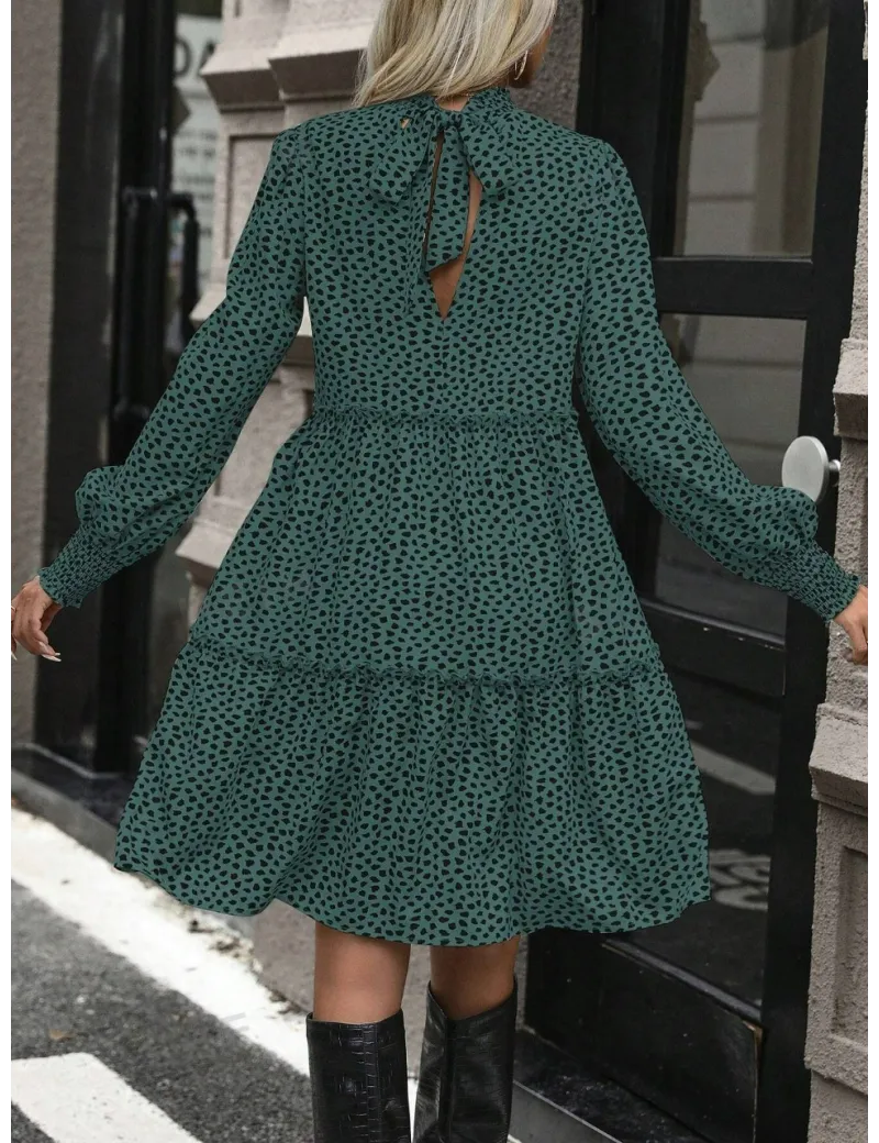 Rochie mini cu imprimeu buline, maneca lunga, verde