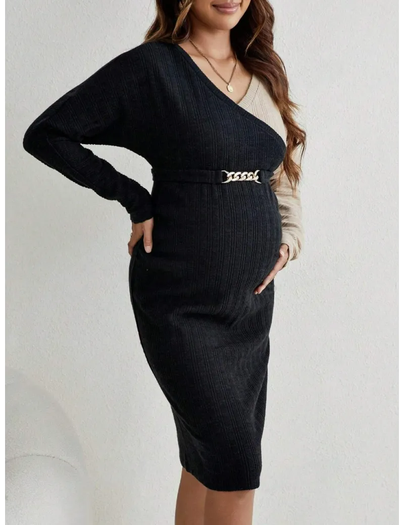 Rochie midi cu maneca lunga, Maternity, negru