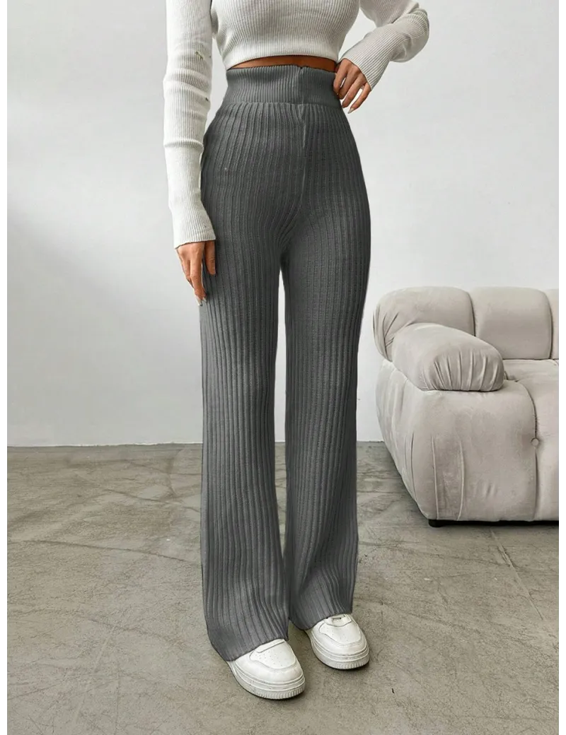 Pantaloni cu model tricotat, talie inalta, gri