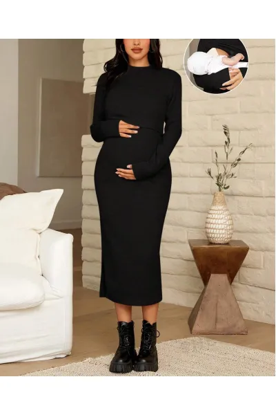 Rochie maxi pentru alaptat, cu maneci lungi, Maternity, negru
