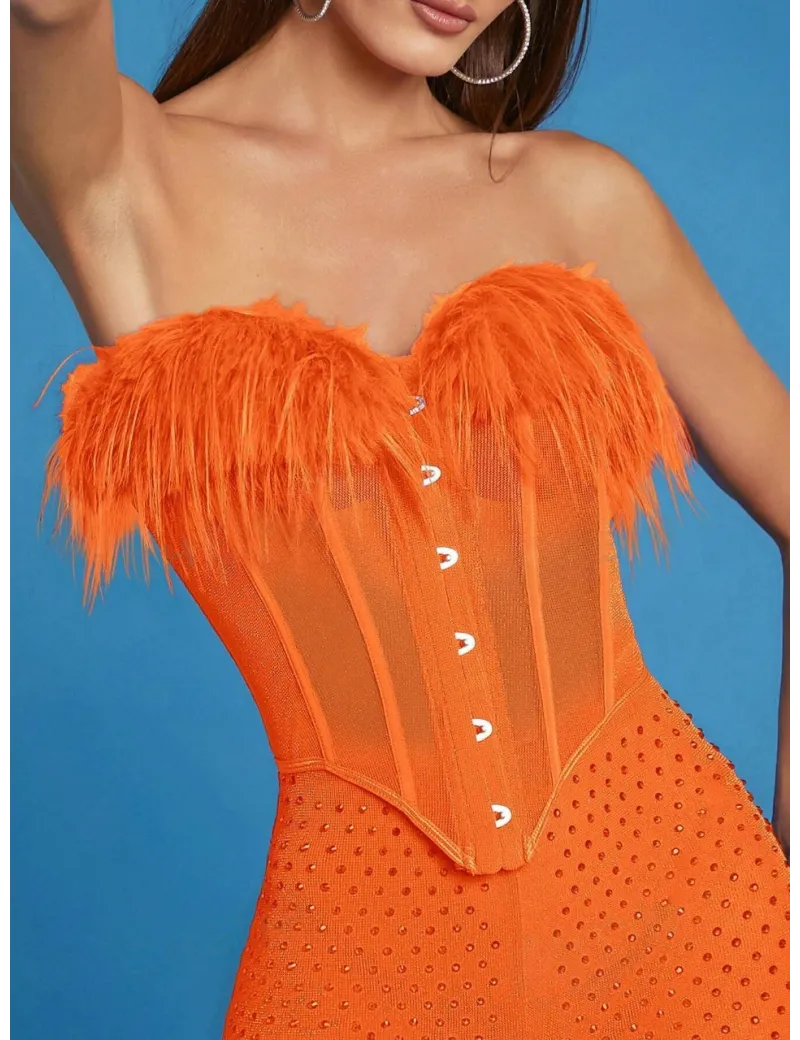 Top tip corset cu aplicatii blana, portocaliu