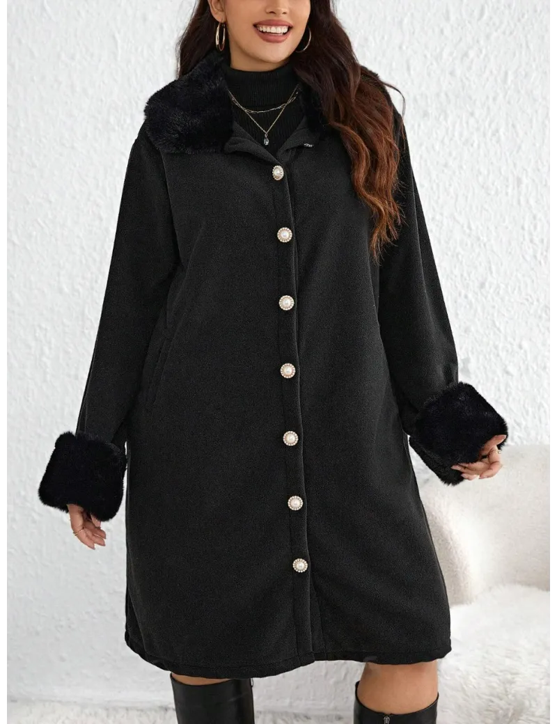 Palton midi cu aplicatii blana si nasturi, negru