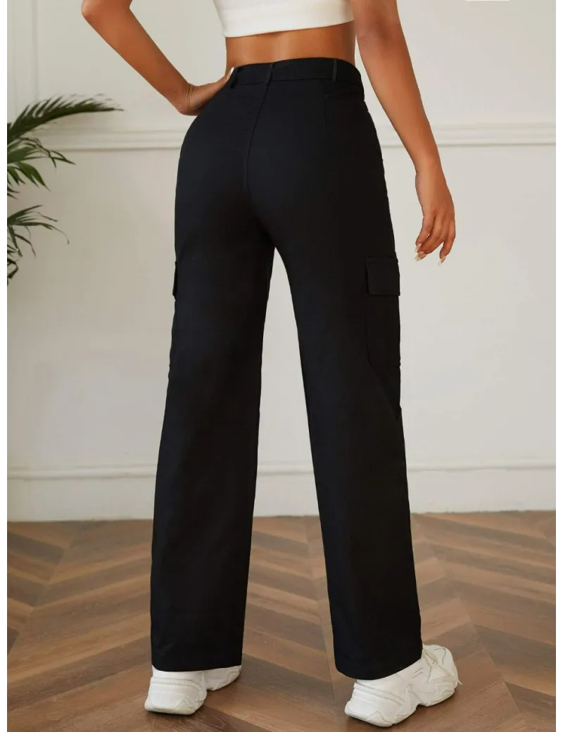 Pantaloni largi stil cargo, cu talie inalta, Petite, negru