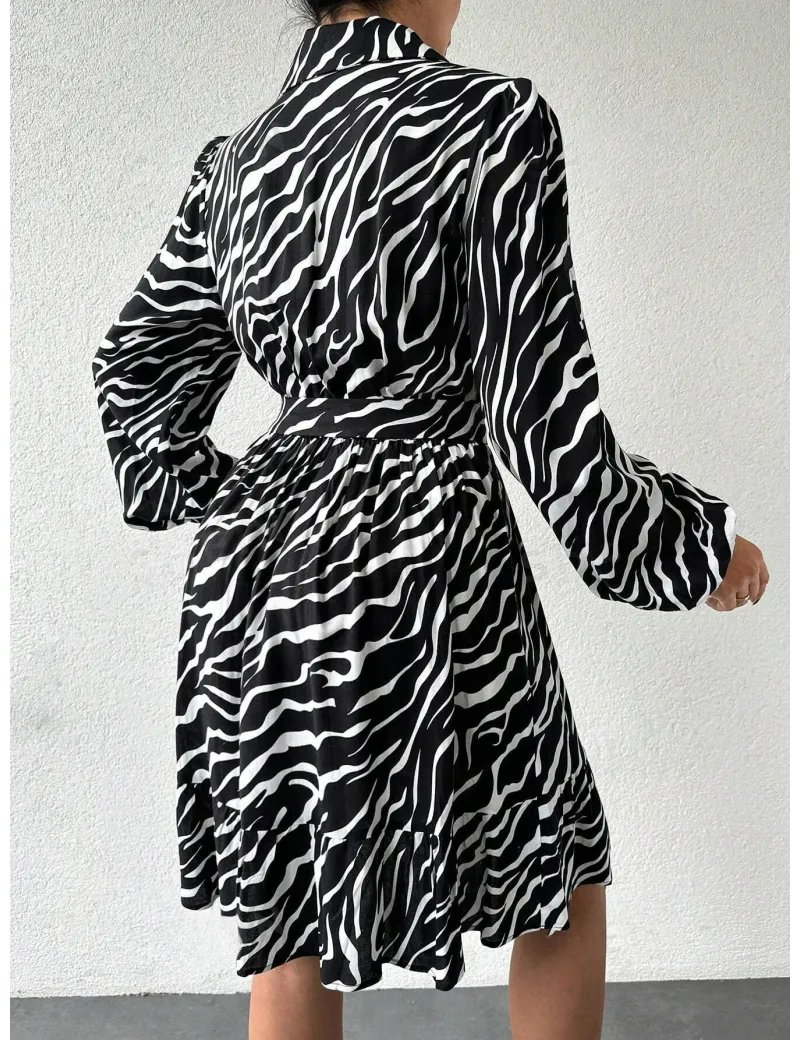 Rochie mini stil camasa, imprimeu zebra si cordon, negru, dama
