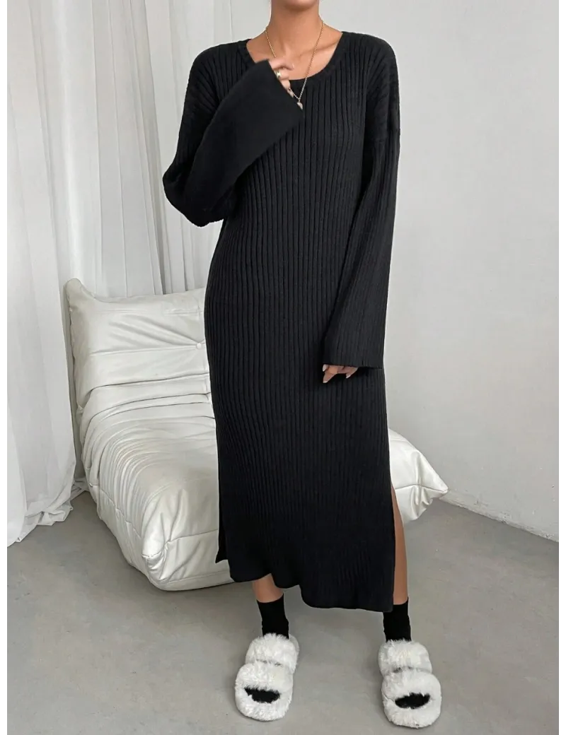 Rochie maxi stil pulover cu slit, negru, dama