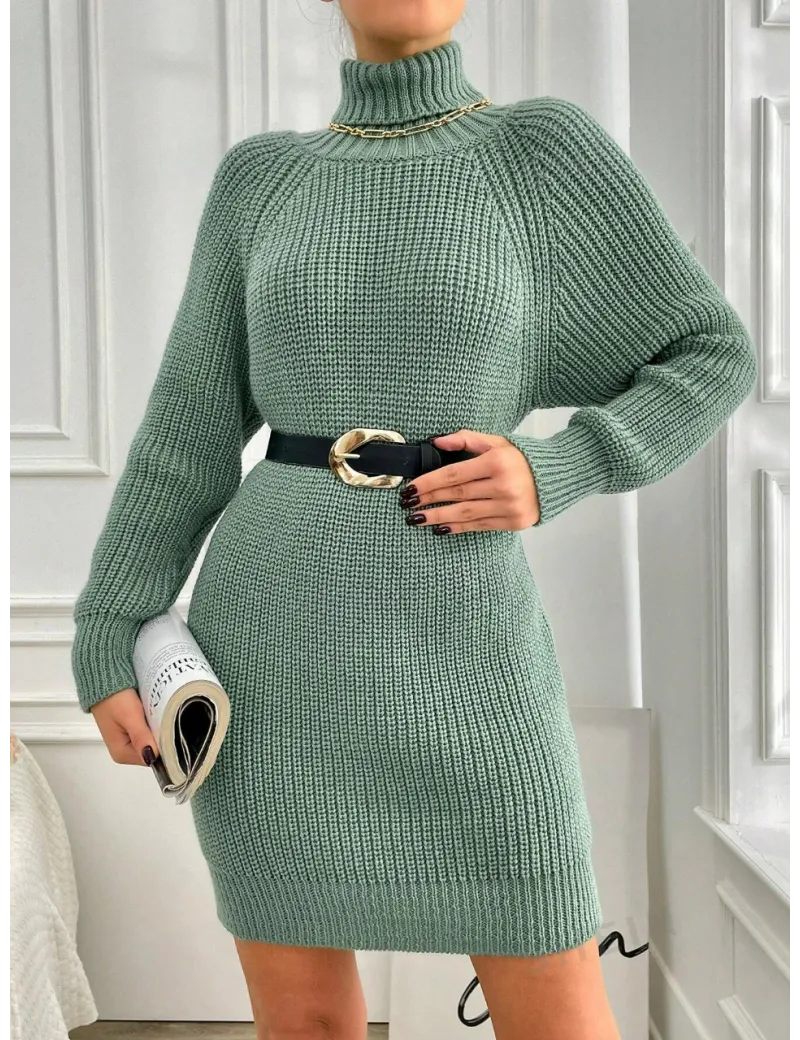 Rochie mini stil pulover, cu guler, verde, dama