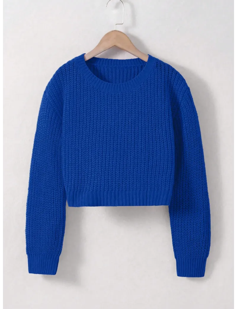Pulover scurt, model tricotat, albastru, fete