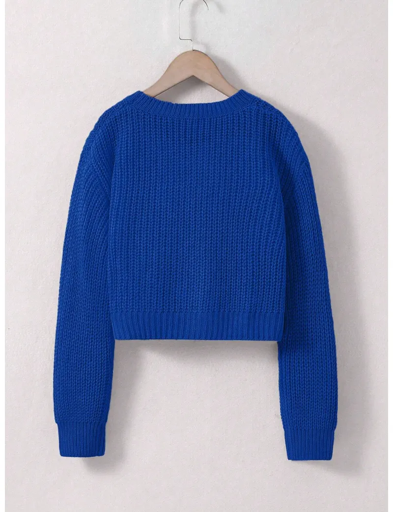 Pulover scurt, model tricotat, albastru, fete