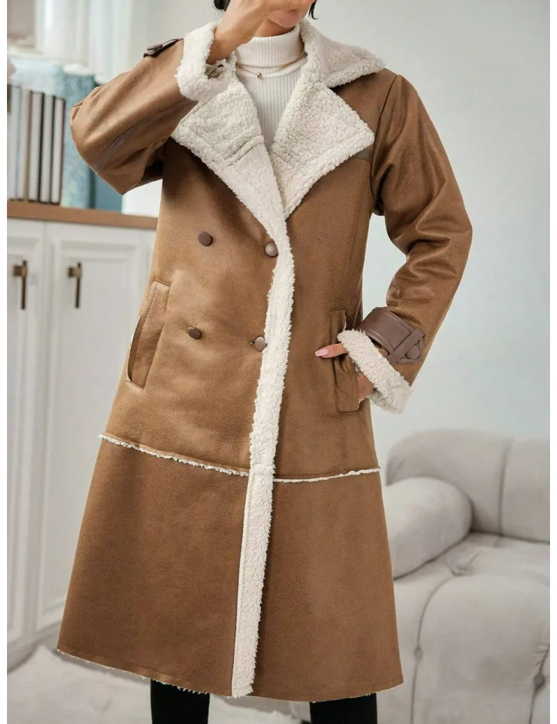 Palton maxi captusit, model piele intoarsa, maro, dama