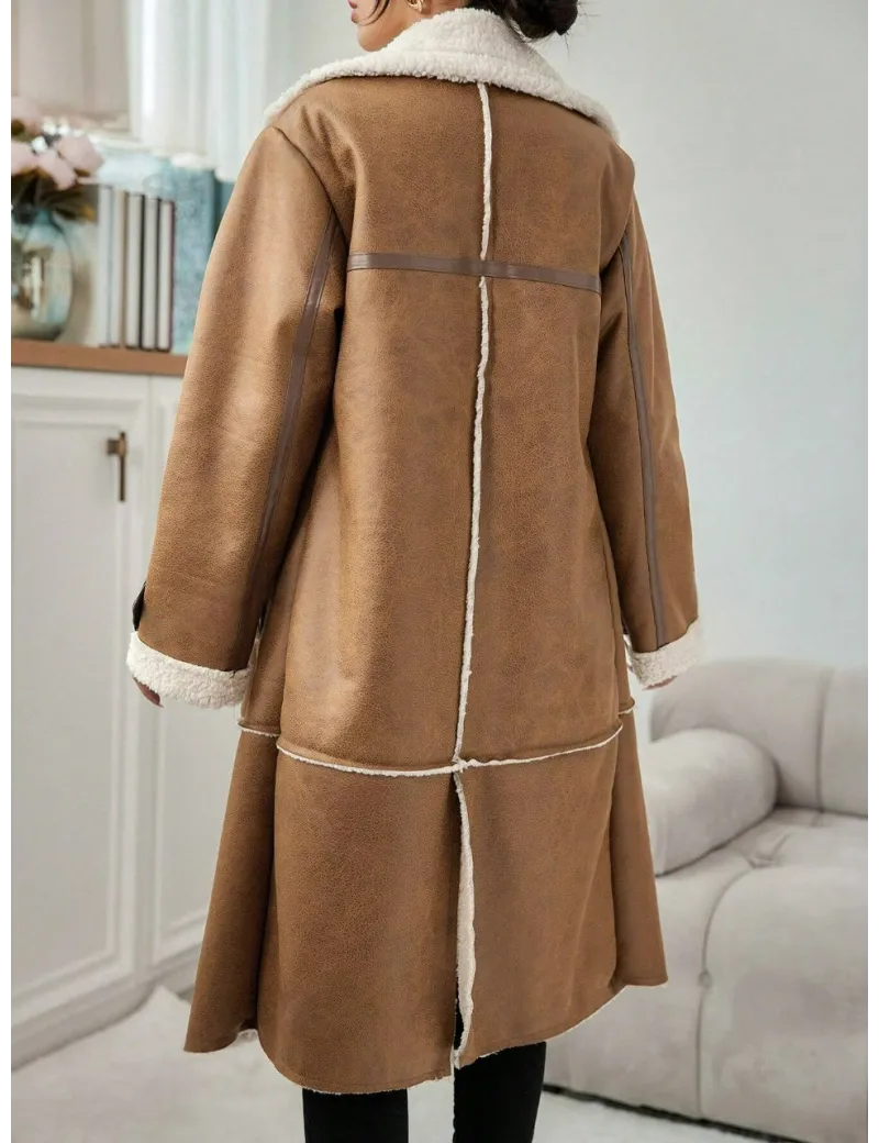 Palton maxi captusit, model piele intoarsa, maro, dama