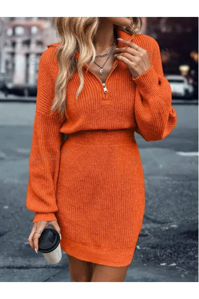 Rochie mini din tricot cu talie elastica si fermoar, portocaliu, dama