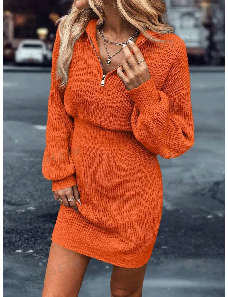 Rochie mini din tricot cu talie elastica si fermoar, portocaliu, dama