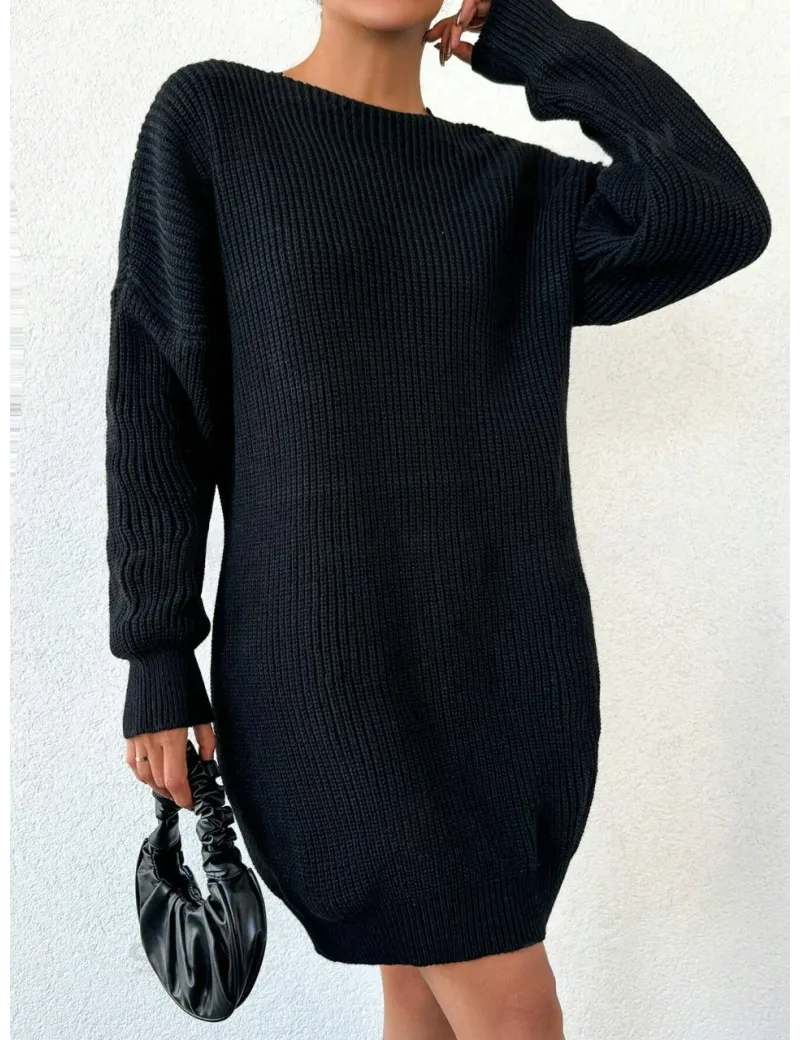 Rochie mini din tricot, cu maneca lunga, negru, dama