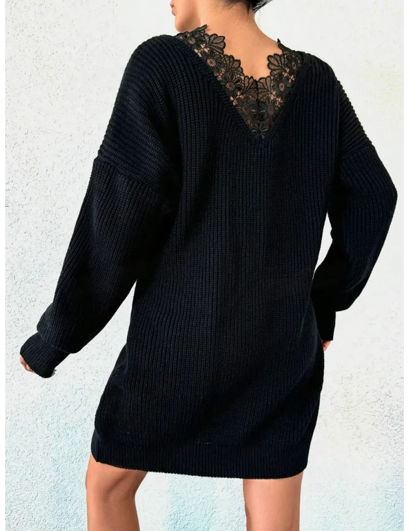 Rochie mini din tricot, cu maneca lunga, negru, dama
