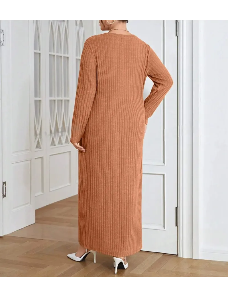 Rochie maxi din tricot, cu maneca lunga, portocaliu, dama