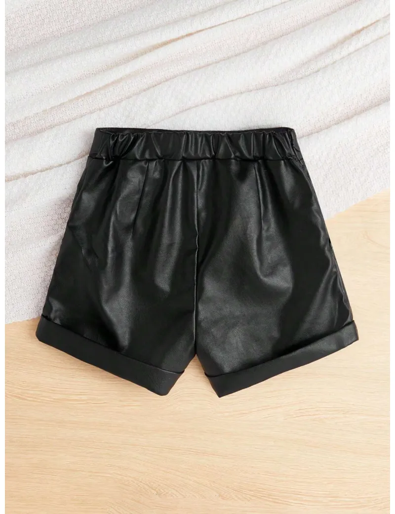 Pantaloni scurti cu aplicatii nasturi, model piele, negru, fete