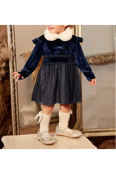 Rochie mini, model catifea, cu guler si imprimeu, albastru, fete
