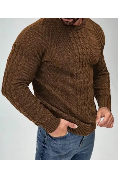 Pulover cu maneca lunga, din tricot, maro, barbati