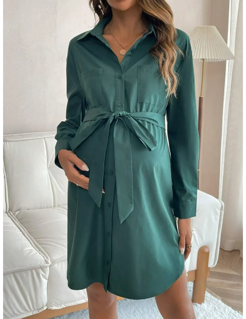 Rochie mini stil camasa, cu nasturi si cordon, Maternity, verde, dama