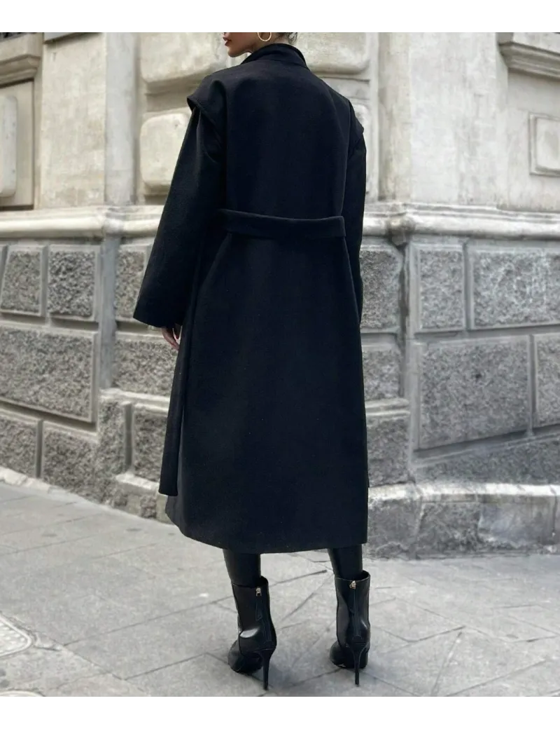 Palton maxi cu buzunare si cordon, negru, dama