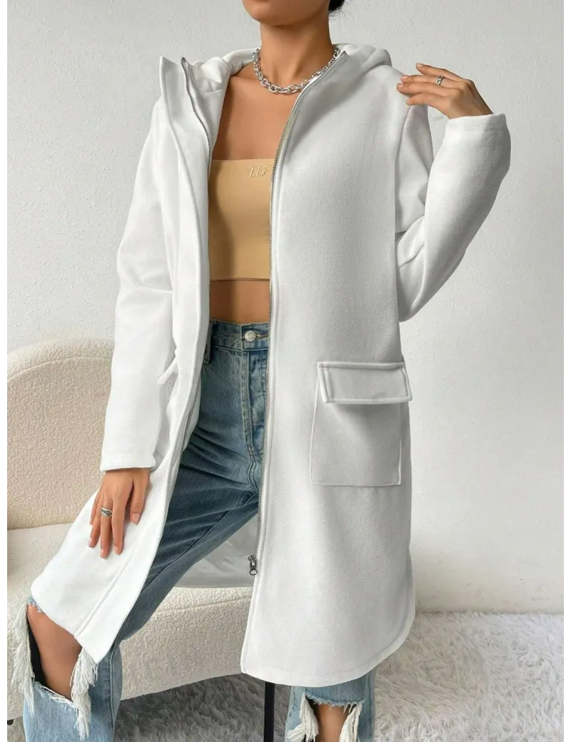 Jacheta stil palton, cu femorar si buzunare, alb, dama
