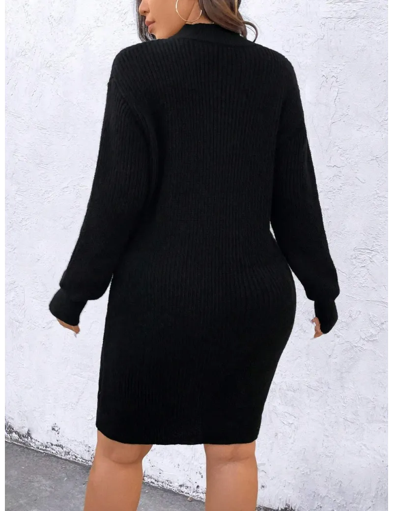 Rochie mini pe gat, cu aplicatii dantela, din tricot, negru, dama