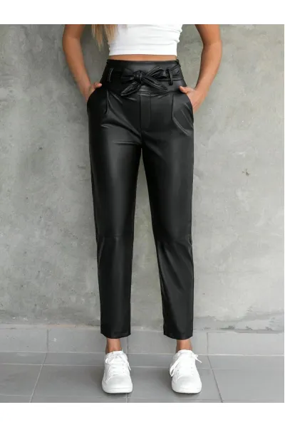 Pantaloni cu talie inalta si cordon, model piele, negru, dama