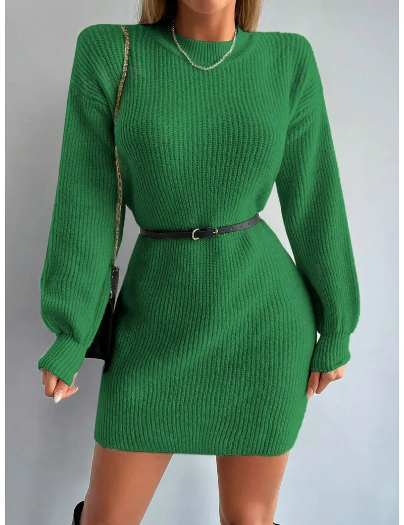 Rochie mini din tricot, cu maneca lunga, verde, dama, Shein