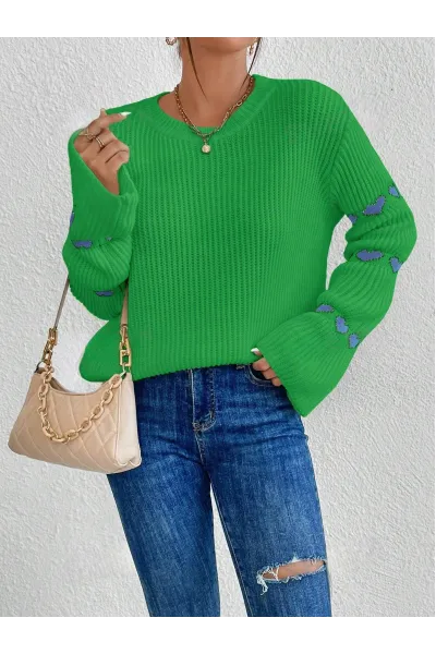 Pulover cu detalii pe maneci, din tricot, verde, dama, Shein