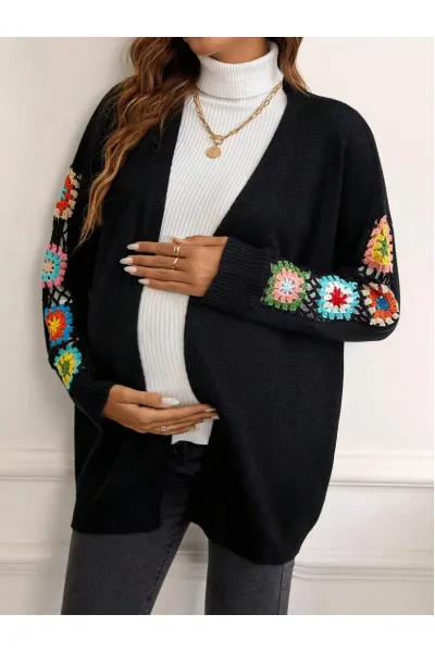 Cardigan cu model broderie pe maneci, Maternity, negru, dama, Shein