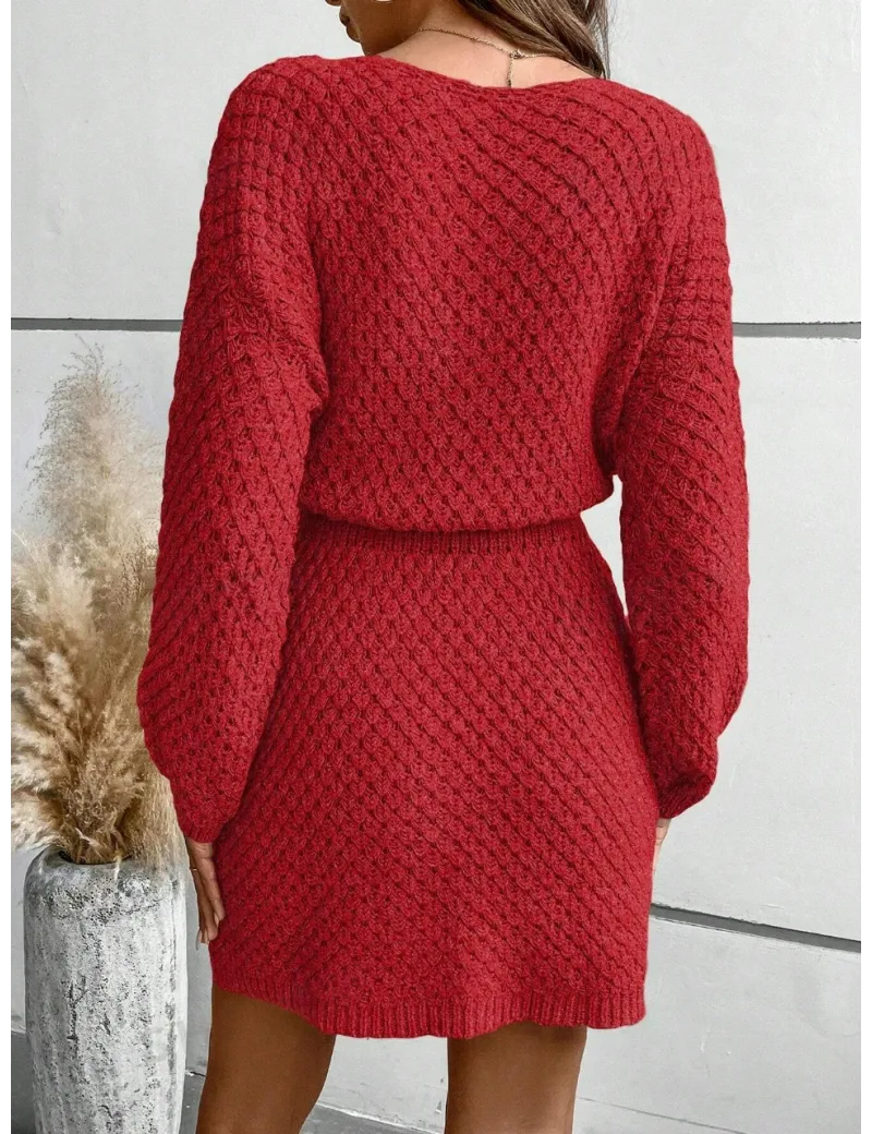 Rochie mini din tricot cu talie elastica, rosu, dama, Shein