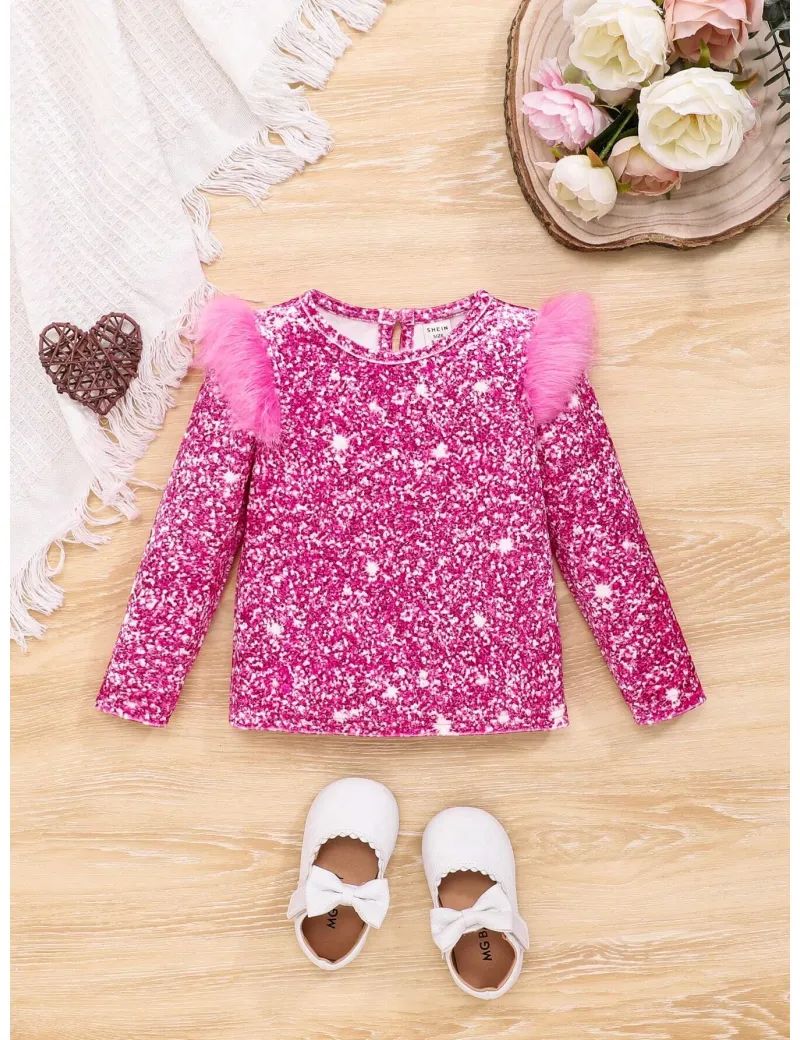 Bluza cu imprimeu sclipici si aplicatii pe umeri, roz, fete, Shein