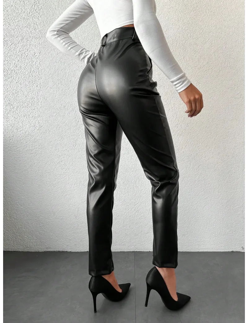 Pantaloni cu talie inalta, model piele, negru, dama, Shein