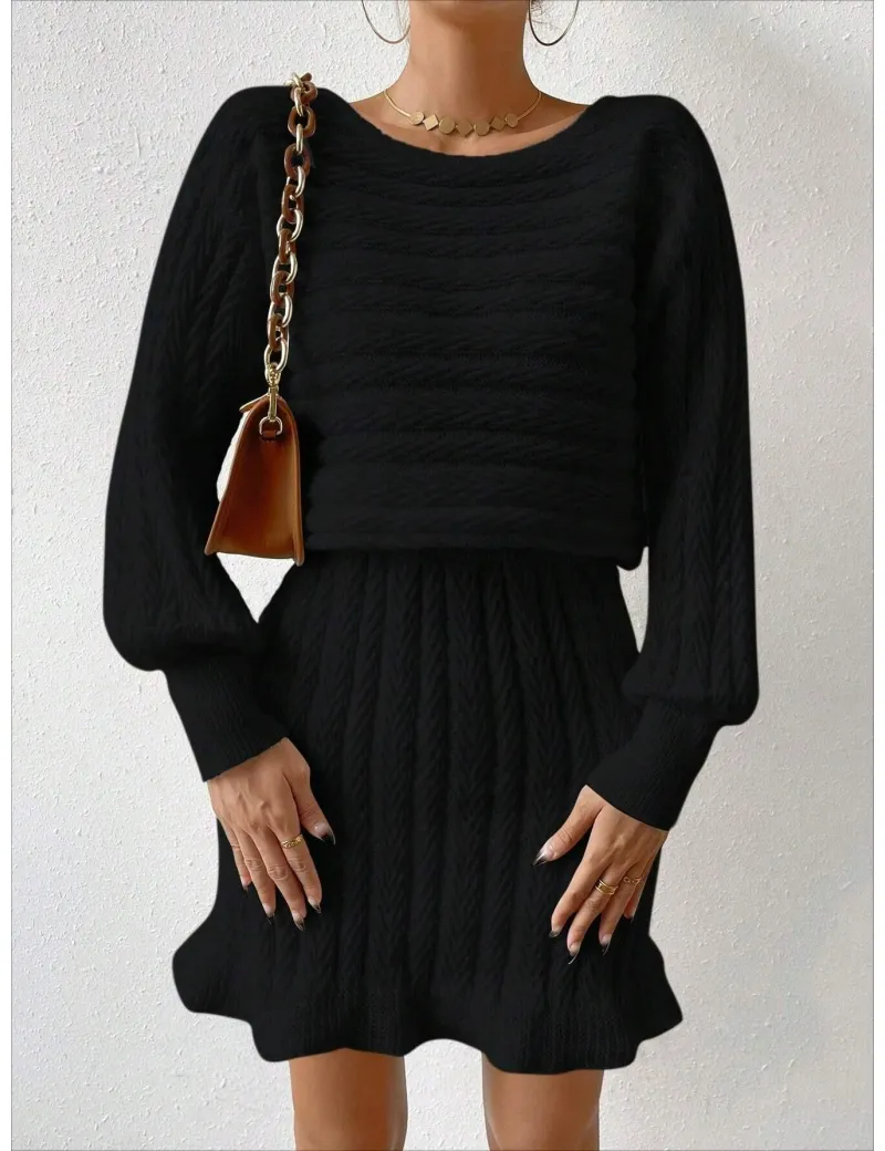 Rochie mini din tricot, cu talie elastica, negru, dama, Shein