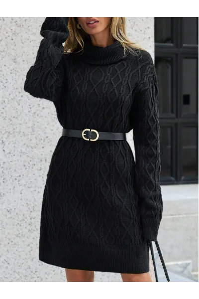 Rochie mini din tricot, cu maneca lunga si model, negru, dama, Shein