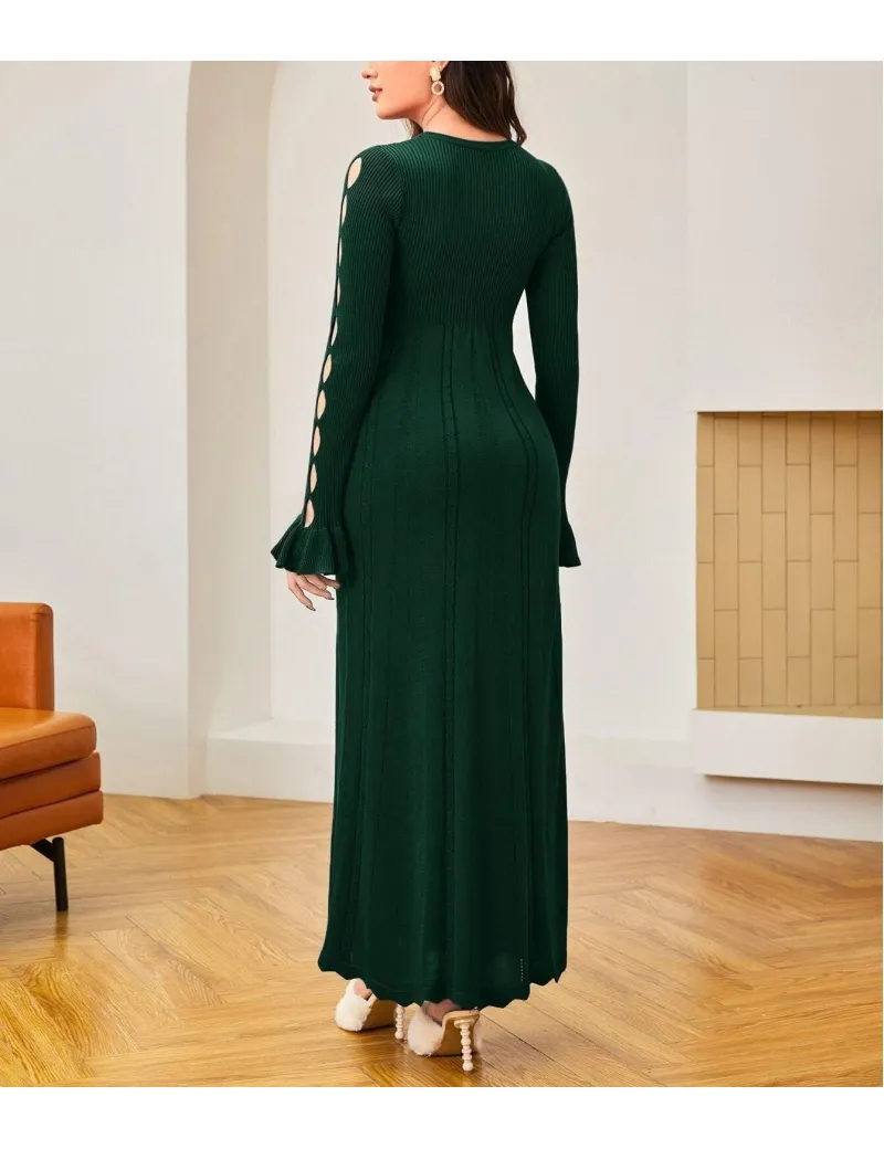 Rochie midi din tricot, cu maneca lunga, verde, dama, Shein