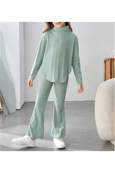 Set pulover cu guler si pantaloni lungi, verde, fete