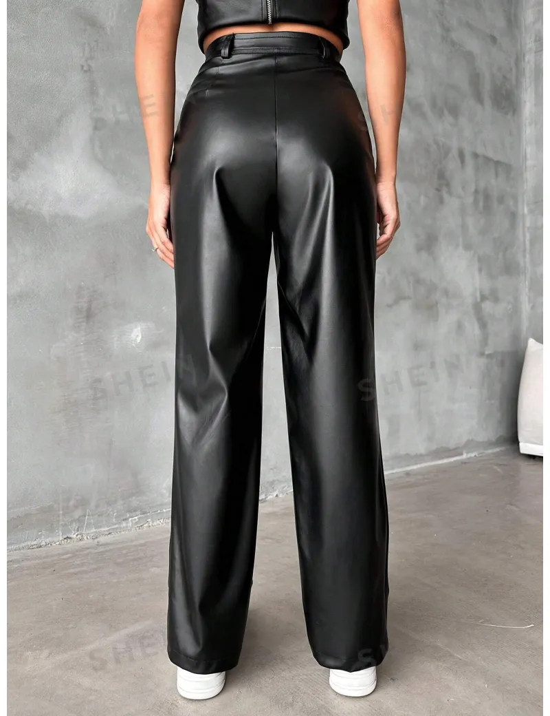 Pantaloni cu talie inalta, model piele, negru, dama
