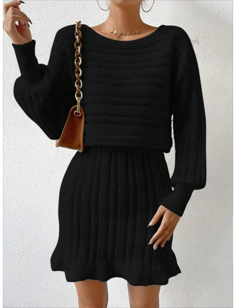 Rochie mini cu maneca lunga, model tricotat, negru