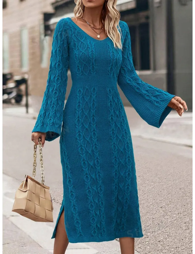 Rochie midi cu model tricotat, maneca lunga, albastru