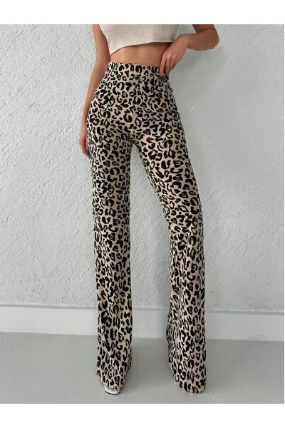 Pantaloni largi cu imprimeu leopard, crem, dama
