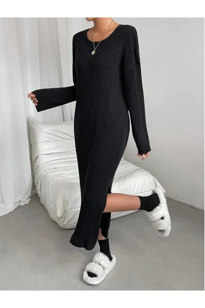 Rochie maxi stil pulover cu slit, negru, dama