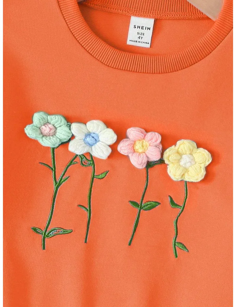 Bluza cu aplicatii florale si maneca lunga, portocaliu, fete