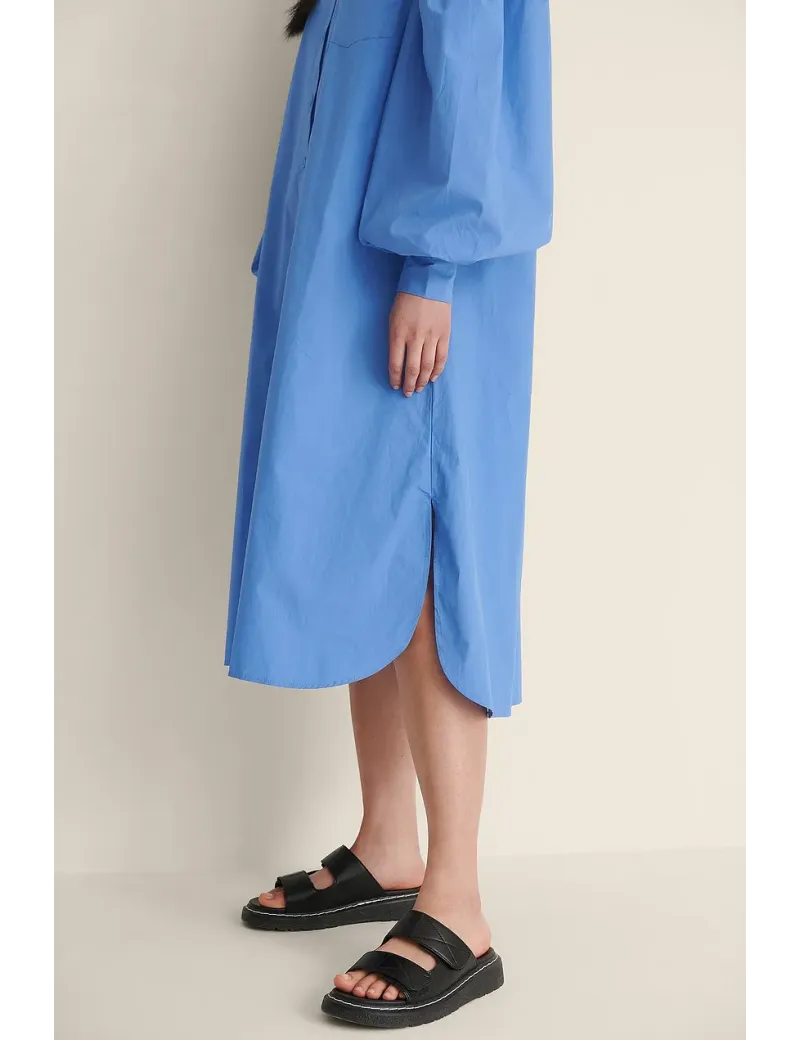 Rochie midi stil camasa cu maneca lunga, albastru, dama, NA-KD