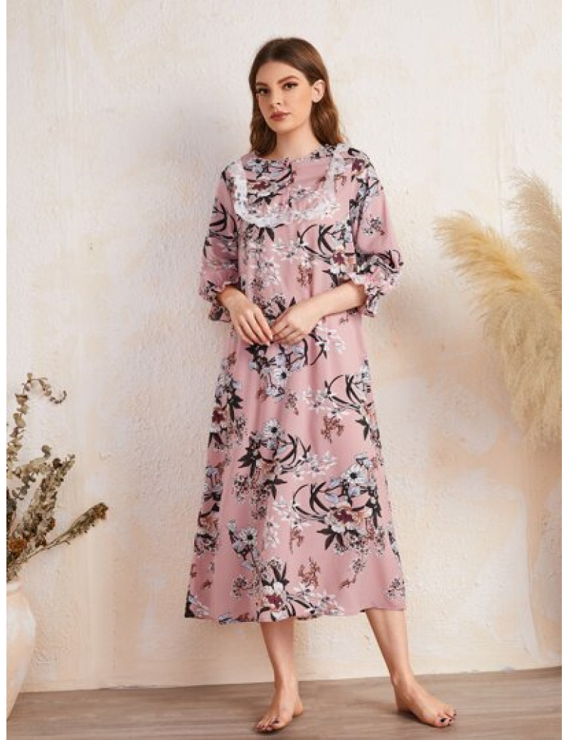 Rochie maxi  de noapte cu imprimeu si aplicatii dantela, roz, dama