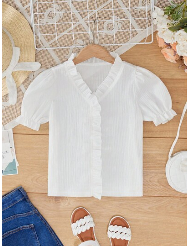 Tricou stil camasa cu aplicatii volane, alb, fete