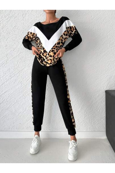Set bluza cu imprimeu leopard si pantaloni cu talioe medie, negru, dama, Shein