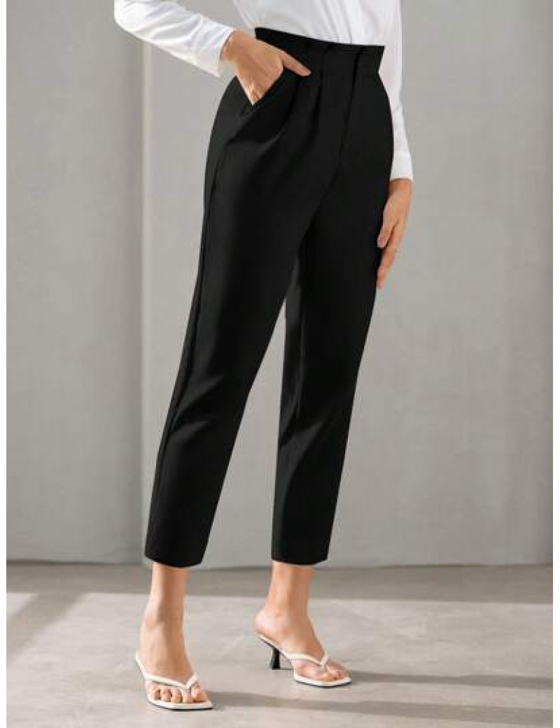 Pantaloni cu talie inalta, model costum, negru, dama