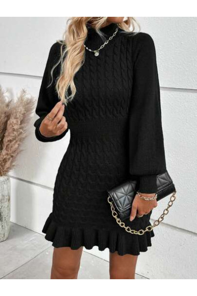Rochie mini cu maneca lunga, tricot, negru, dama